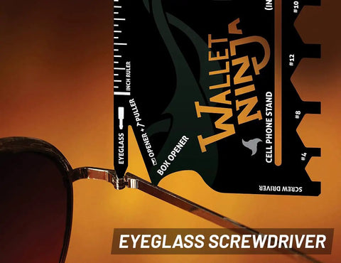 18 In 1 Credit Card Sized Multitool Card For Quick Fixes And Everyday Carry, Black, shown used as eyeglass screwdriver