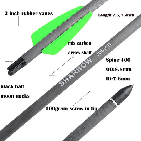Carbon Crossbow Bolts For Hunting And Practice, 7.5 Inch Arrows With 2 Inch Vanes and 100 Grain Broadheads, Green