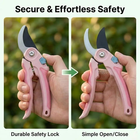 Two Pack Garden Pruning Set With 8 Inch Bypass Pruner And 6.25 Inch Precision Scissors Pink Heavy Duty Garden Clippers with safety lock