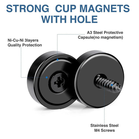 Neodymium Cup Magnets With Center Holes, Beefy 40-Pound Pull, Heavy Duty Rare Earth Disc Magnets With Screws