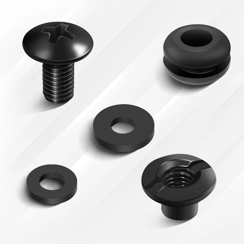 Heavy Duty Quarter Inch Shoulder Screw Fasteners For DIY Kydex And Leather Gun Holsters With Premium Rubber Washers, assorted black fasteners.