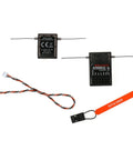 Ar6210X DSMX 6 Channel RC Receiver Built To Work With JR And Spektrum Transmitters shown with antennas, bind plug, and cables.