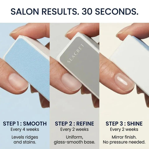 Three Step Nail Buffer Block For Natural Nails With Polish Free Shine That Buffs Ridged Surfaces To Glossy Finish using color coded steps.