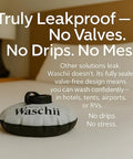 No Sweat Pocket Size Manual Travel Clothes Washer For Camping And Vanlife Lightweight Portable Mini Hand Wash Kit Eco Friendly Essentials Gear Clean Up Pack Light Wash Anywhere on a surface showing leakproof design.