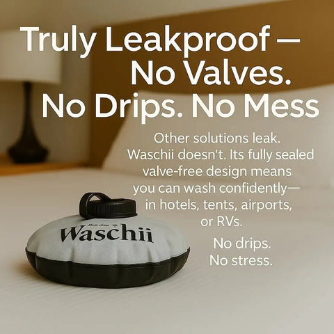 No Sweat Pocket Size Manual Travel Clothes Washer For Camping And Vanlife Lightweight Portable Mini Hand Wash Kit Eco Friendly Essentials Gear Clean Up Pack Light Wash Anywhere on a surface showing leakproof design.