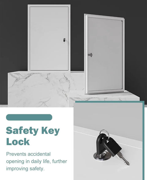 Heavy Hitter Metal Access Panel With Secure Lock And Insulated White Attic Inspection Door showing safety key lock feature.
