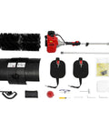 Zero Sweat Cleanup With This Gutsy 52cc Two Stroke Gas Powered Walk Behind Lawn Sweeper with accessories laid out.