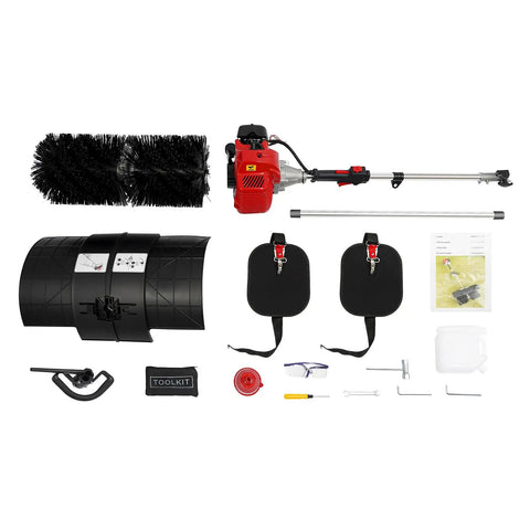 Zero Sweat Cleanup With This Gutsy 52cc Two Stroke Gas Powered Walk Behind Lawn Sweeper with accessories laid out.