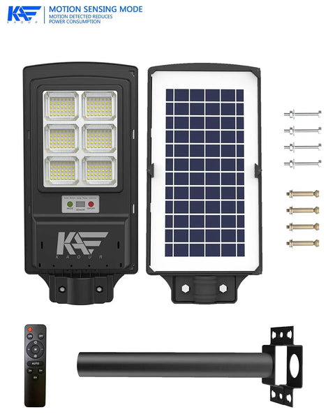 Solar Street Lights With Remote Control, 6500K Daylight White, 300000LM 1000W, IP65 Waterproof. Includes mounting pole and remote.