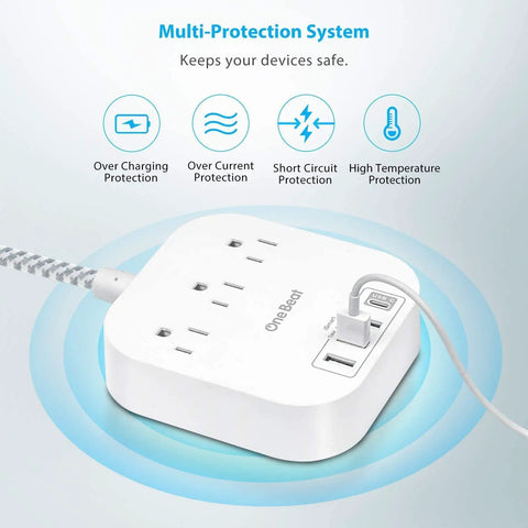 10 Foot Long Power Strip With 3 Outlets And 4 USB Ports USB A And USB C Flat Plug ETL Listed Non Surge Protector