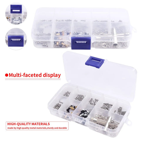 All In One RC Screw Kit 273 Piece Repair Tool Set For Axial SCX24 1 24 Crawler with screws, pins, and clips in box display.