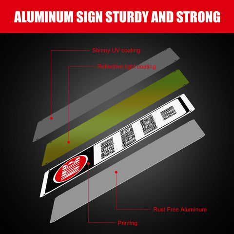 Close-up of 4 Pack Enter At Own Risk Warning Signs 10 By 7 Inch Tough As Nails Reflective Aluminum Plates with coatings and layers.