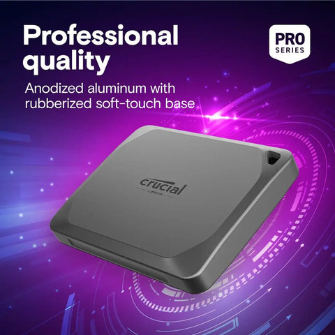 X9 Pro 1TB Portable SSD With Up To 1050 MB Per Second Read And Write USB C 3.2, anodized aluminum design, on purple futuristic background