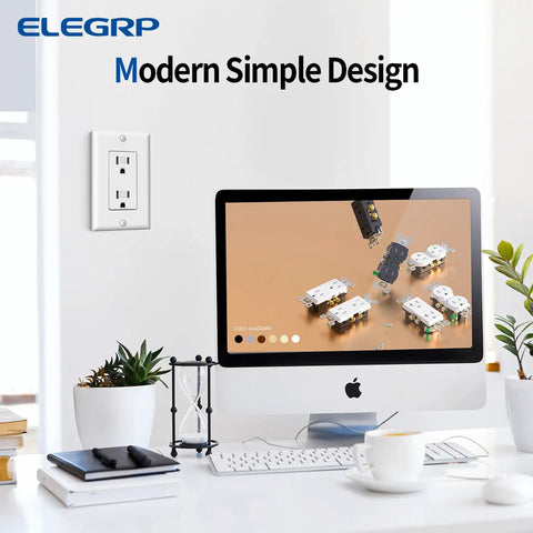 Premium Matte White Decorator Receptacle Outlets 15A 125V No Fuss Tamper Resistant Sockets With Matching Wall Plates on wall.