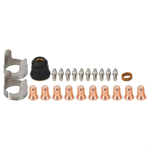 Premium 24 Piece Plasma Cutter Consumables Kit For IPT60 And PT60 Torch shows copper hafnium nozzles and electrodes arrangement.