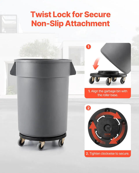 Heavy Duty Trash Can Dolly For 20 32 44 And 55 Gallon Bins Two Pack with twist lock and smooth swivel wheels for easy mobility.