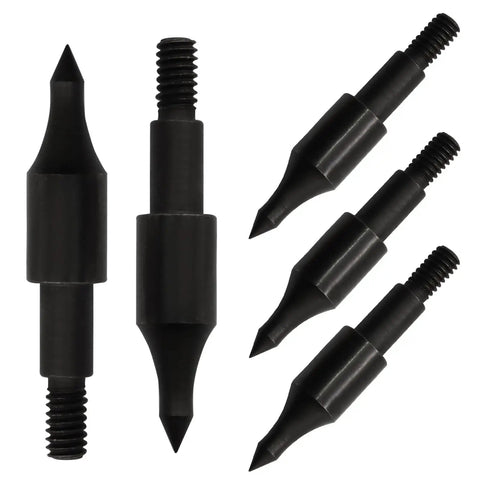 12 Pack 100 Grain Archery Field Points For 19 64th Inch Arrows, high carbon steel, black finish, multiple angles shown