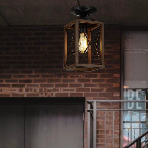 Rustic Farmhouse Flush Mount Ceiling Light With Metal Frame And Wood Grain Finish in an industrial hallway setting