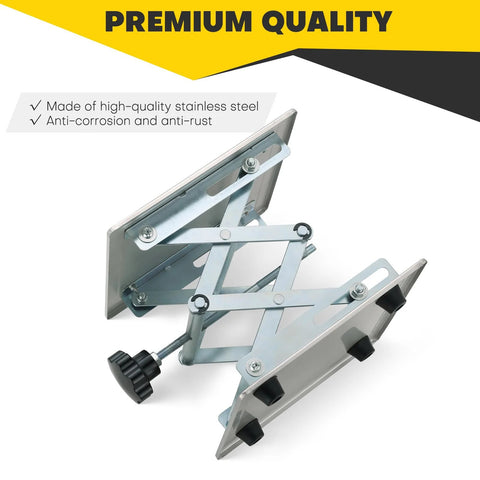 Acymner 8x8 in stainless steel lab lift stand with scissor arms and adjustable height (angled view)