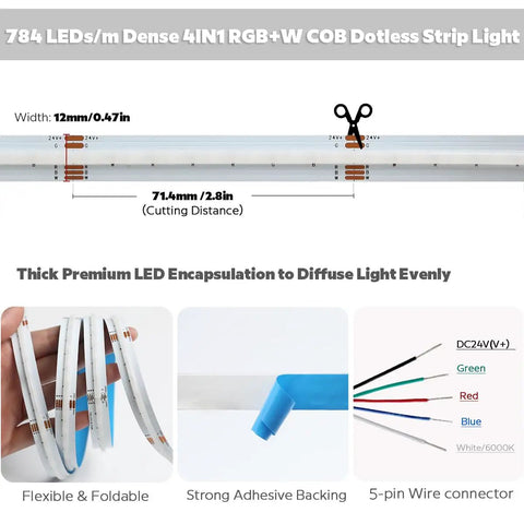 High Density COB LED Strip Lights 16.4 Feet RGBW Color Changing With 6000K Daylight White 24V DC Indoor Flexible Tape 3920 LEDs