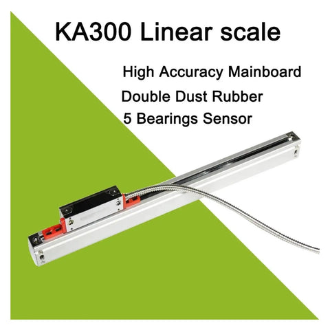 KA300 linear scale encoder with 5 bearings sensor, shown with cable and dust cover. 5um Precision Linear Scale Encoder Digital Readout For Milling Lathe CNC Machines With 3m Cable And 5V Power Optical Linear Encoder KA300 270mm 0.005mm Resolution White Dope Readout.