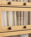 Close-up of Modern 4 Tier Floor Standing Book Shelf With Flip Lid Glass Door Dope Solid Wood Storage Rack