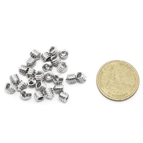 Sturdy 25 Pack 1/4-20 Hex Socket Grub Screws Set In 304 Stainless Steel, Full Thread, Cone Point, Deep Threads, Corrosion Resistant displayed with a coin