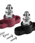 Straight Up Solid 2 Pack Insulated Power Distribution Block With 5/16 Single Stud Battery Junction Adapter, red and black, with screws.