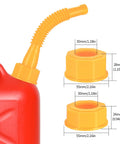 Gas Can Spout Replacement Kit With 19 Pcs Nozzles For One Half, Five, Ten Gallon Cans, Bendable Spouts, Vent Caps, Drill Bits, Durable HDPE Construction, No Spill Easy Pour Design For Old Tanks And Quick Gas Refills shown with yellow spout and cap measurements.