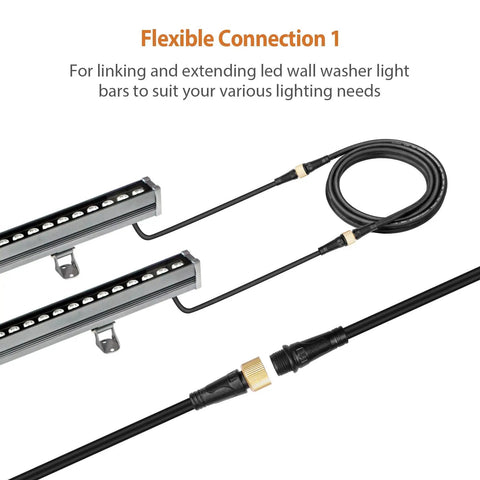 Flexible connection of Badass Heavy Duty 10Ft Extension Cord Powers Linkable LED Wall Washer Lights with brass plugs.