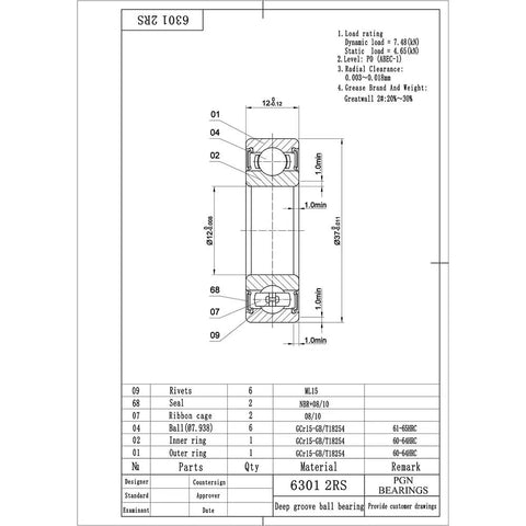 Two Pack 12x37x12mm Chrome Steel Sealed Ball Bearings Built For High RPM Performance, Ultra Durable To Cut Maintenance And Replacement Needs, Perfect For RC Cars, Gearboxes, Motors, And Heavy Duty Machinery. 6301 2RS technical drawing