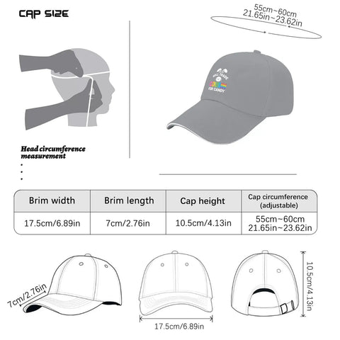 Lightweight Cotton Baseball Cap For Women And Men, diagram showing dimensions and adjustability in light grey.
