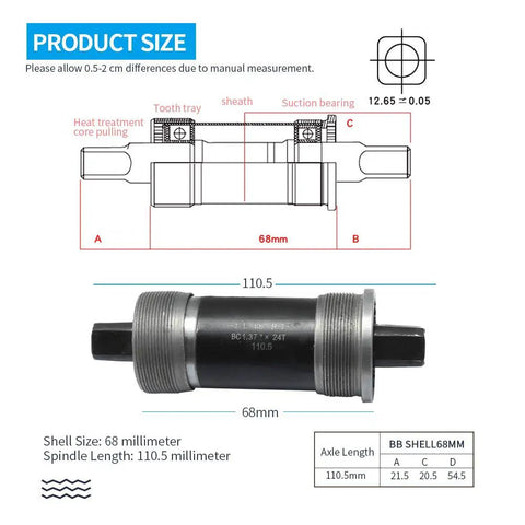 Diagram of BB UN26 Square Taper Bottom Bracket For 68 By 123, 68 By 127, And 68 By 110 Mm, Black 1 Piece showing dimensions.