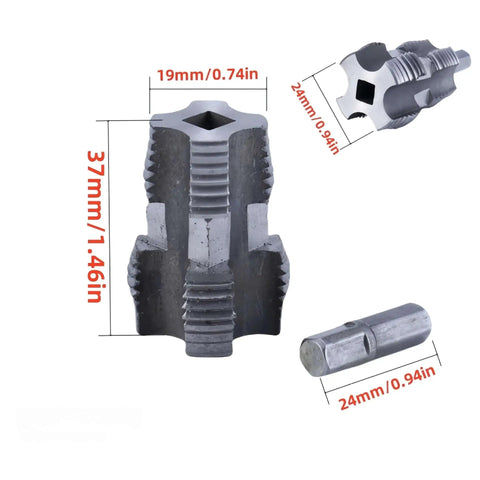 Drill Powered PVC Pipe Threader Kit With Three Dies Tap Die Set showing close-up of dies with dimensions marked.