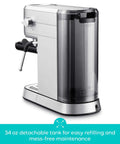 Compact 20 Bar Espresso Machine with Steam Milk Frother and 34 oz detachable water tank, stainless steel, side view