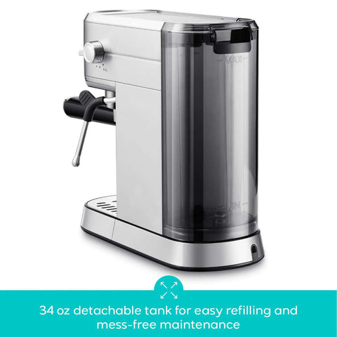 Compact 20 Bar Espresso Machine with Steam Milk Frother and 34 oz detachable water tank, stainless steel, side view