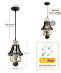 Farmhouse Pendant Light With Crackle Glass Shade In Matte Black Metal Cage Base, dimensions and bulb type displayed