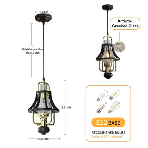 Farmhouse Pendant Light With Crackle Glass Shade In Matte Black Metal Cage Base, dimensions and bulb type displayed