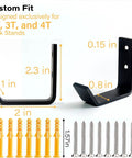 Close-up of Eight Pack Wall Mount Jack Stands Organizer With Heavy Duty Stainless Steel Hook Rack, includes dimensions and screws.