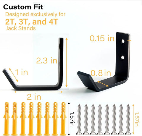 Close-up of Eight Pack Wall Mount Jack Stands Organizer With Heavy Duty Stainless Steel Hook Rack, includes dimensions and screws.