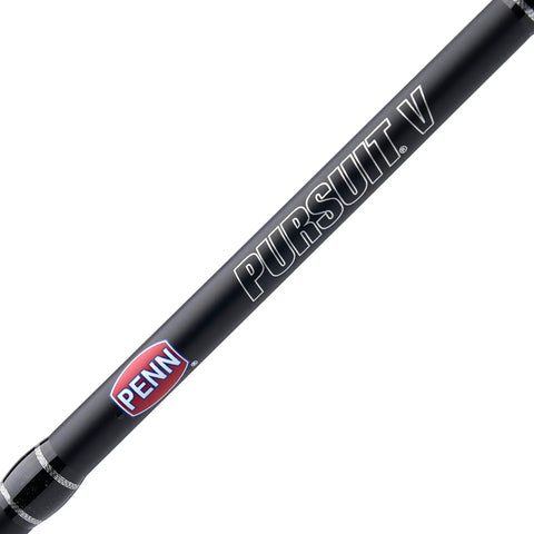Close-up of Pursuit V Spinning Reel And 7ft 2-Piece Rod Combo showing logo and graphite composite rod blank construction.