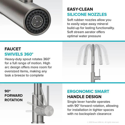 Infographic showing features of the Contemporary Oletto Pull-Down Kitchen Faucet With Single Handle In Chrome Finish, including easy-clean silicone nozzles and 360° swivel.