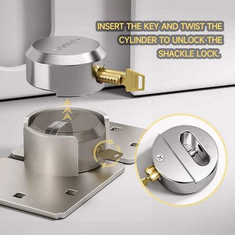 Hidden Shackle Padlocks Keyed Alike Set being unlocked with key, showcasing solid steel trailer door lock mechanism and rust-resistant chrome finish.