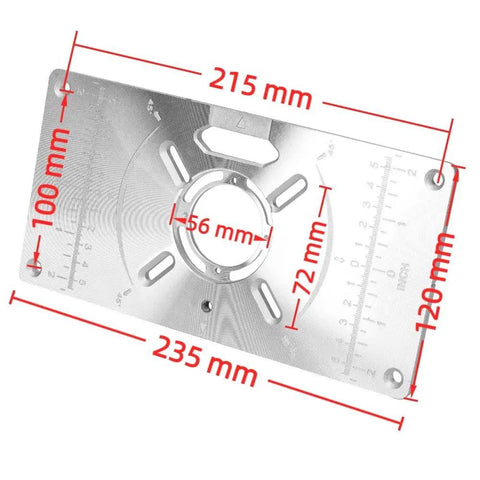 Built Tough Aluminum Router Base Plate With Four Fast Swap Inserts And Precision Bushing, 215mm x 100mm size, durable metal construction.