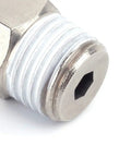 Close-up of One Quarter Inch Tube OD To One Quarter Inch NPT Male Straight Push To Connect Pneumatic Fitting Nickel Plated Brass
