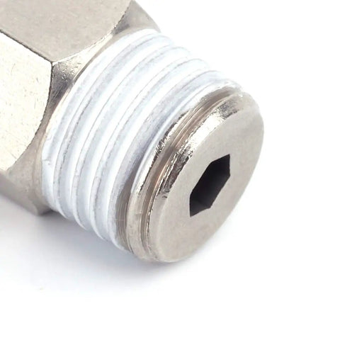 Close-up of One Quarter Inch Tube OD To One Quarter Inch NPT Male Straight Push To Connect Pneumatic Fitting Nickel Plated Brass
