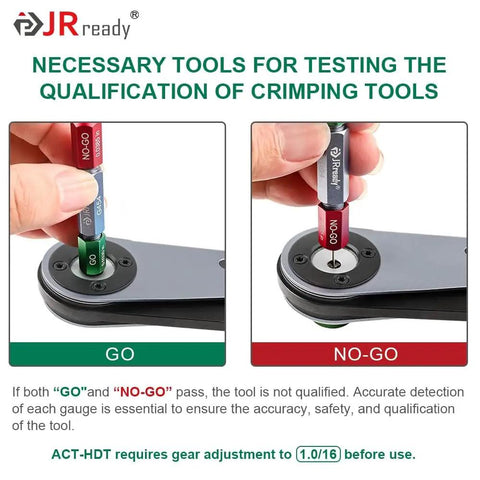 GO and NO-GO gauge testing crimping tools with JRDread branding for qualification accuracy