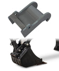 X Change Coupler Bracket Quick Attach For Bobcat E Series And Old Style Quick Attach Mini Excavator Bucket Mounting Accessory Heavy Duty Steel Construction Durable Attachment Bracket For 325 328 331 334 337 341 430 435 And E Series Models showing top view of bracket and installed bucket.