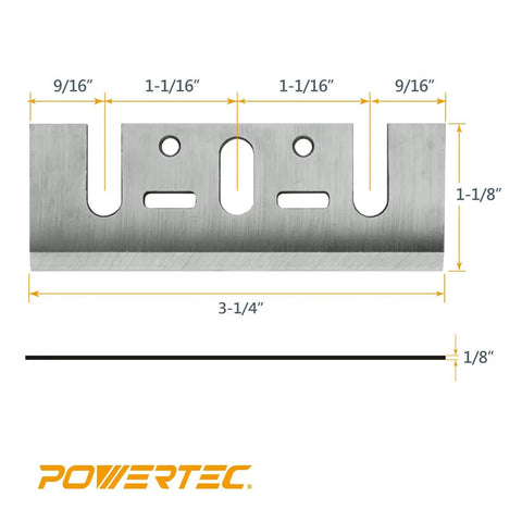 Premium High Speed Steel Planer Blades Set Of Two For DeWalt Bosch Makita Handheld Woodworking Tools Crafted For Hella Smooth Cuts And Badass Results Every Time, 3-1/4x1-1/8 inch blade with dimensions shown.