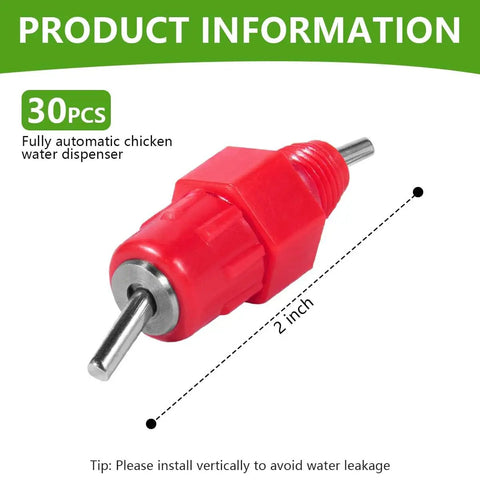 Screw Style Automatic Chicken Waterer Nipples 30 Pack red water dispenser with a 2-inch size for poultry hydration system.